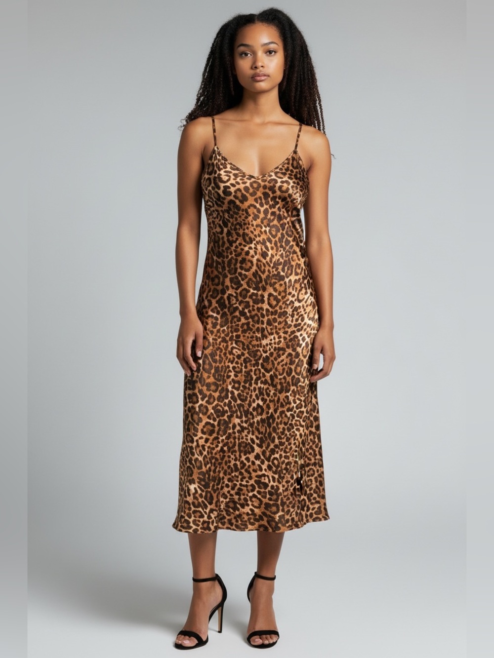 sofia by sofia vergara Leopard-Print Satin Slip Dress in Brown and Black